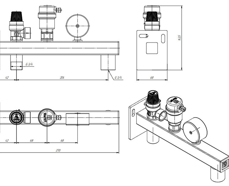 Группа безопасности VALTEC VT.495.0.0 3/4'' (0…10 бар) DN 20 PN 10 для расширительного бака на консоли из Ст.3, латунная с никелевым покрытием 2