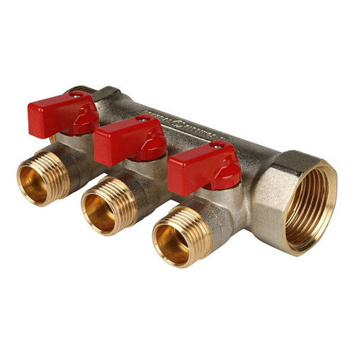 Коллектор распределительный STOUT SMB 6200 3 отвода ВР-НР 1"х1/2" DN 25 PN 10 с шаровыми кранами красная рукоятка