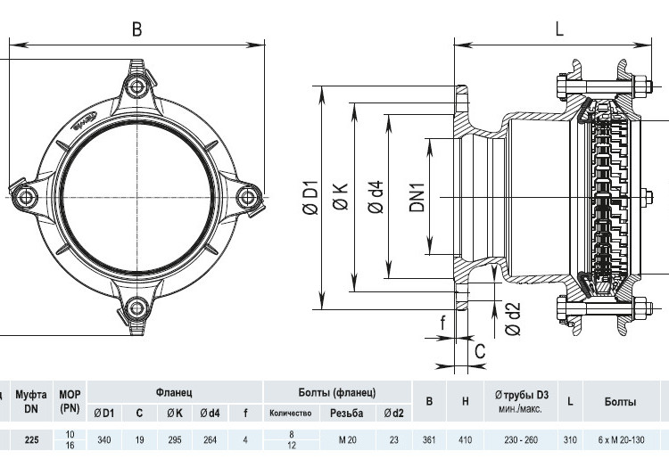 Фланец HAWLE Synoflex 7994 DN 200 (230-260 мм) универсальный фиксирующий 4