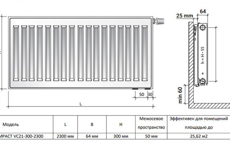 Радиатор панельный Royal Thermo VENTIL COMPACT VC21-300-2300 RAL9016 2
