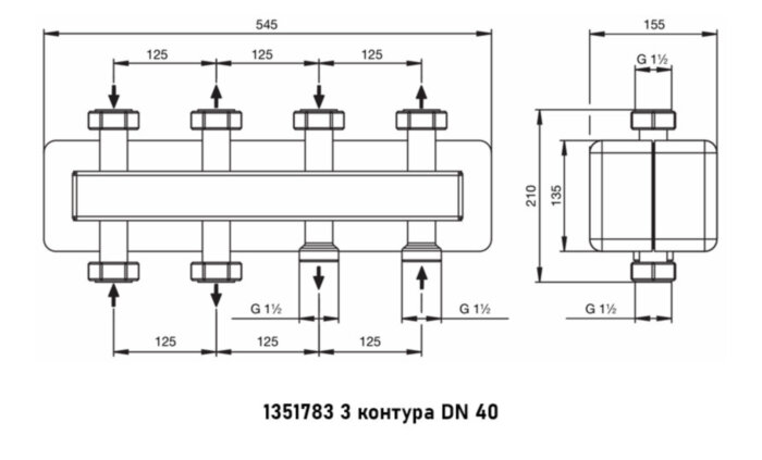 Коллектор распределительный Oventrop Regumat 1351783 3-х контурный ВР-НР 1 1/2" DN 40 PN 4 в теплоизоляции