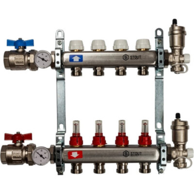 Коллектор STOUT в сборе с расходомерами 4 выхода