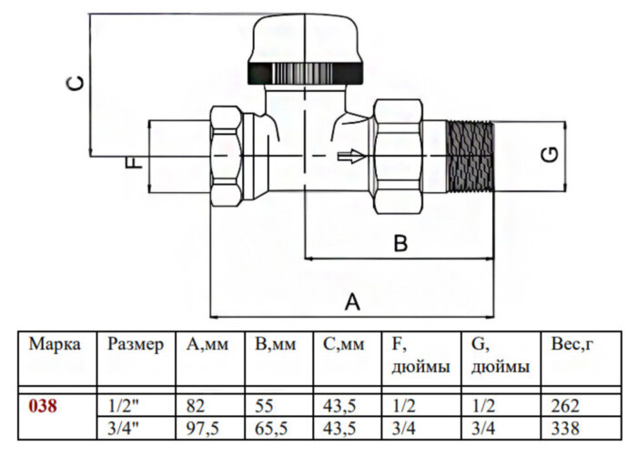 Клапан терморегулятора радиаторный Valtec VT.038 3/4" DN 20 PN 10 прямой с преднастройкой