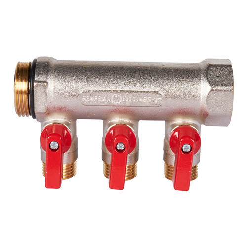 Коллектор распределительный STOUT SMB 6210 3 отвода ВР-НР 1"х1/2" DN 25 PN 10 с шаровыми кранами красная рукоятка уплотнительное кольцо 2
