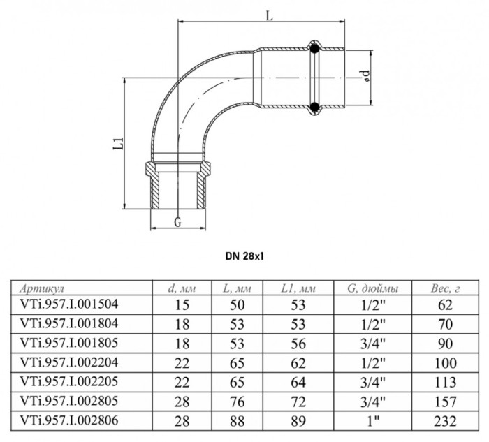 Отвод 90 градусов VALTEC VTi.957.I НР 1" DN 28x25 PN 16 нержавеющая сталь