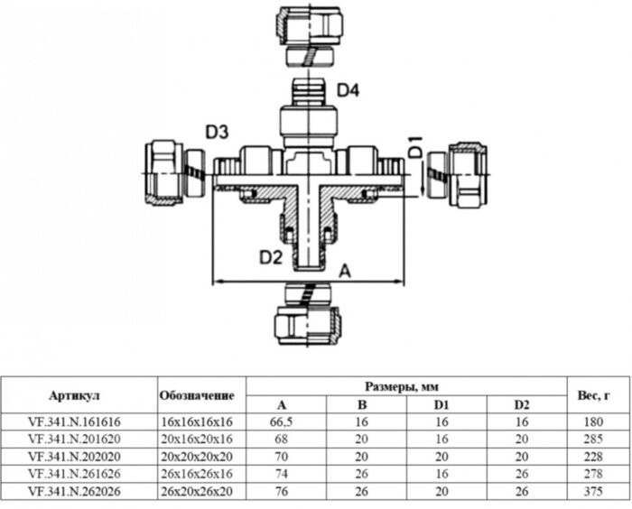 Крестовина обжимная VALFEX VF.341.N Ду 20х20х20 Ру 25 никелированная латунная