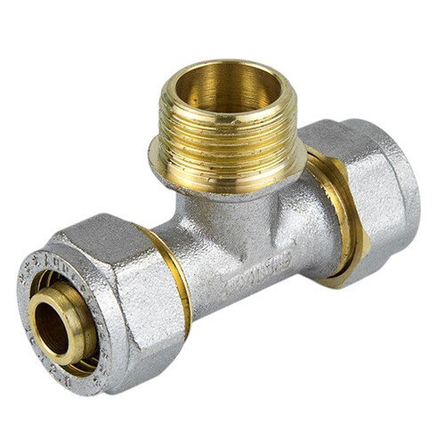 Тройник латунный Aquasfera 7014 DN 15x16 PN 16 резьба - 1/2'', покрытие - никель, с креплением, резьбовой НР/компрессионный, 7014-01