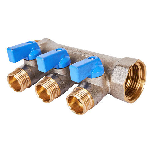 Коллектор распределительный STOUT SMB 6211 3 отвода ВР-НР 1"х1/2" DN 25 PN 10 с шаровыми кранами синяя рукоятка уплотнительное кольцо