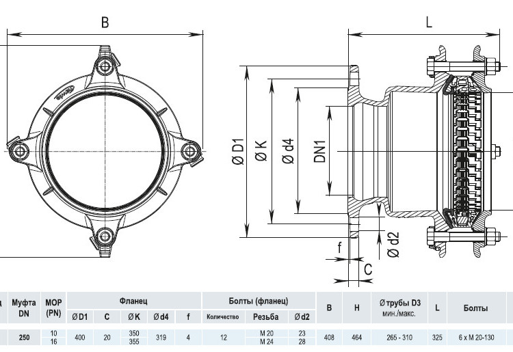 Фланец HAWLE Synoflex 7994 DN 250 (265-310 мм) универсальный фиксирующий 4