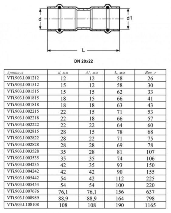 Муфта переходная VALTEC VTi.903.I DN 28x22 PN 16 двухраструбная нержавеющая сталь