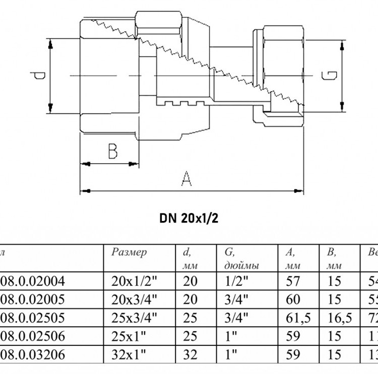 Переходник VALTEC VTp.708 ВР 1/2" DN 20x15 PN 25 с накидной гайкой полипропиленовый комбинированный 2