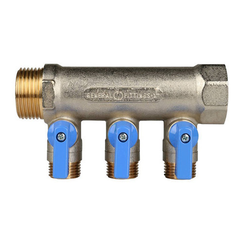 Коллектор распределительный STOUT SMB 6201 3 отвода ВР-НР 1"х1/2" DN 25 PN 10 с шаровыми кранами синяя рукоятка 2