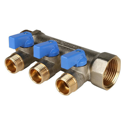 Коллектор распределительный STOUT SMB 6201 3 отвода ВР-НР 1"х1/2" DN 25 PN 10 с шаровыми кранами синяя рукоятка