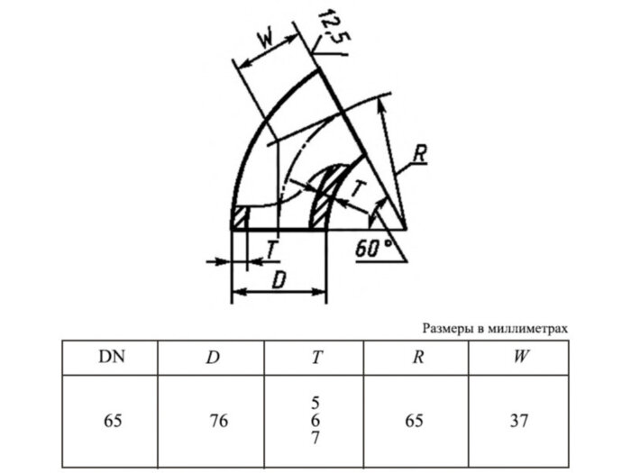 Отвод 60-76х5,0-12Х18Н10Т ГОСТ 30753-2001 стальной бесшовный крутоизгогнутый