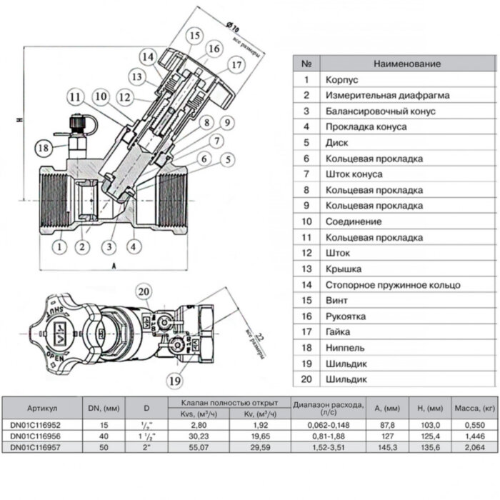Клапан балансировочный VIR 9515 Ду50 Ру25 латунный резьбовой F95V01050.870