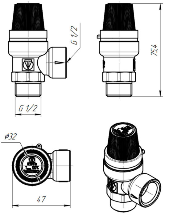 Клапан предохранительный VALTEC VT.0496.N.0460 1/2" DN 15 PN 10 пружинный с фиксированной настройкой 0,6 МПа, латунный с никелевым покрытием