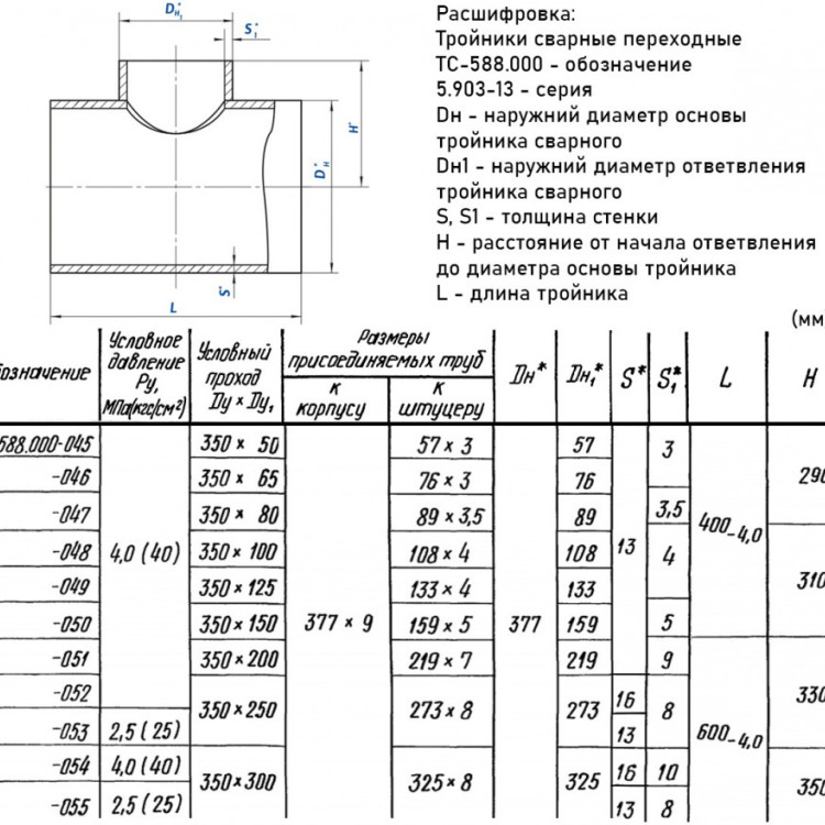Тройник стальной 377x9-133х4 4 ТС-588.000 серия 5.903-13 переходный сварной 2