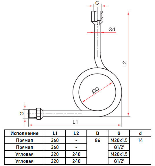 Петлевая трубка угловая Росма Дкорп=14мм 0-25 Мпа G1/2" 00000003125 2