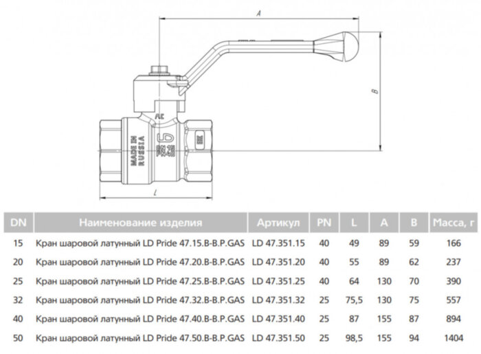 Кран шаровой латунный LD Pride 47.40.В-В.Р GAS Ду 40 Ру 25 резьба (ВР-ВР) 1 1/2", никелированный, неполнопроходный, стальной рычаг