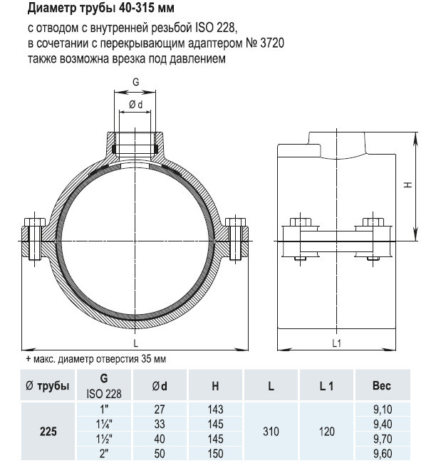 Врезной хомут HAWLE 5250 DN 225 PN 16 системы HAKU с отводом с внутренней резьбой 2" 3
