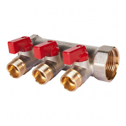 Коллектор распределительный STOUT SMB 6210 3 отвода ВР-НР 1"х1/2" DN 25 PN 10 с шаровыми кранами красная рукоятка уплотнительное кольцо