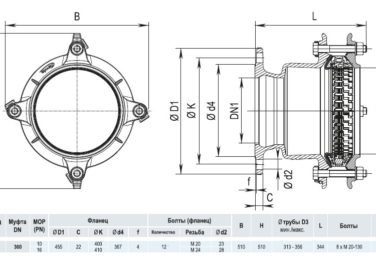 Фланец HAWLE Synoflex 7994 DN 300 (313-356 мм) универсальный фиксирующий 4