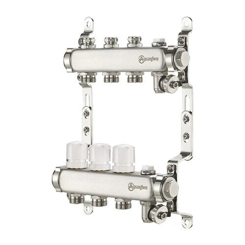 Коллекторная группа из нержавеющей стали Aquasfera 9502 DN 20/25 PN 10 резьба - 1"х3/4"х2, под евроконус с регулирующими балансировочными клапанами, с дренажным краном, резьбовая ВР-НР, 9502-01