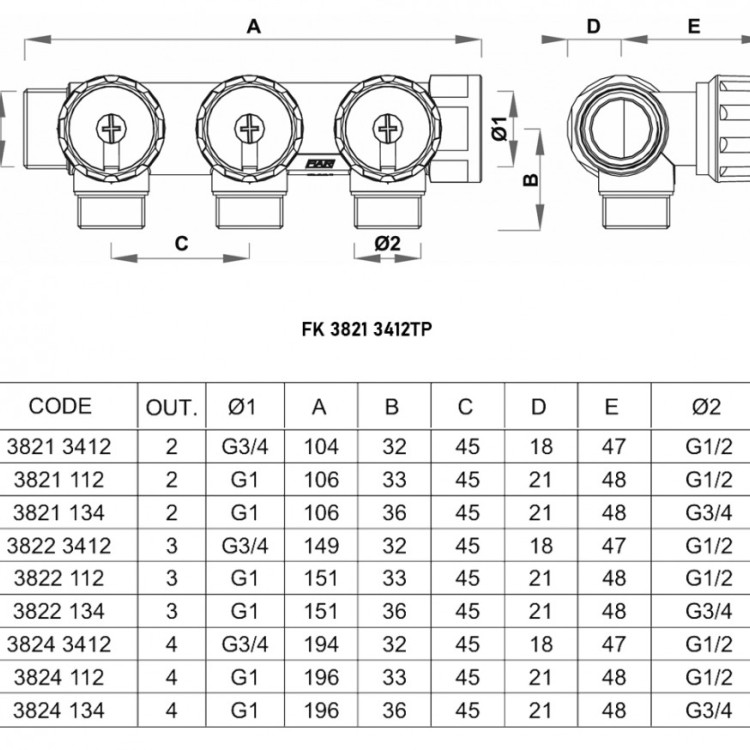 Коллектор распределительный FAR FK 3821 2 отвода ВР-НР 3/4"х1/2" DN 20 PN 16 с регулирующими клапанами плоское уплотнение 2