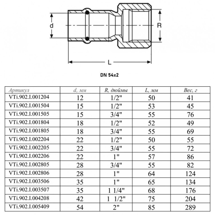 Переходник VALTEC VTi.902.I ВР 2" DN 54x50 PN 16 нержавеющая сталь 2