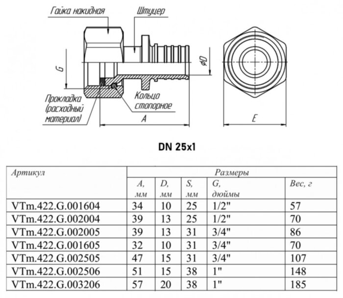 Переходник VALTEC VTm.422.G ВР 1" DN 25 PN 16 с накидной гайкой латунный