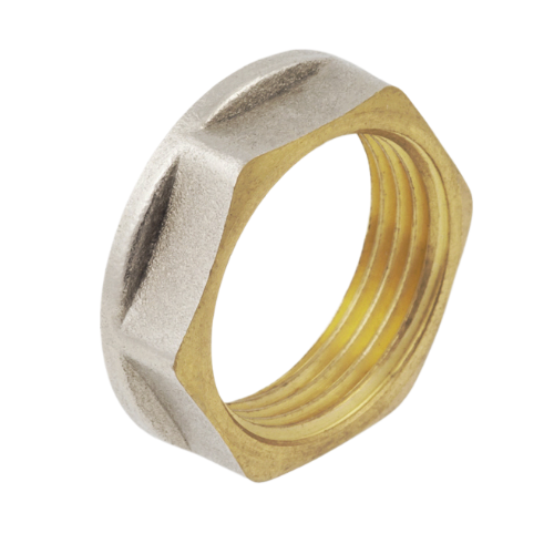 Контргайка латунная Aquasfera 9034 DN 15 PN 40 резьба - 1/2'', покрытие - никель, с ребордой, резьбовая ВР, 9034-01