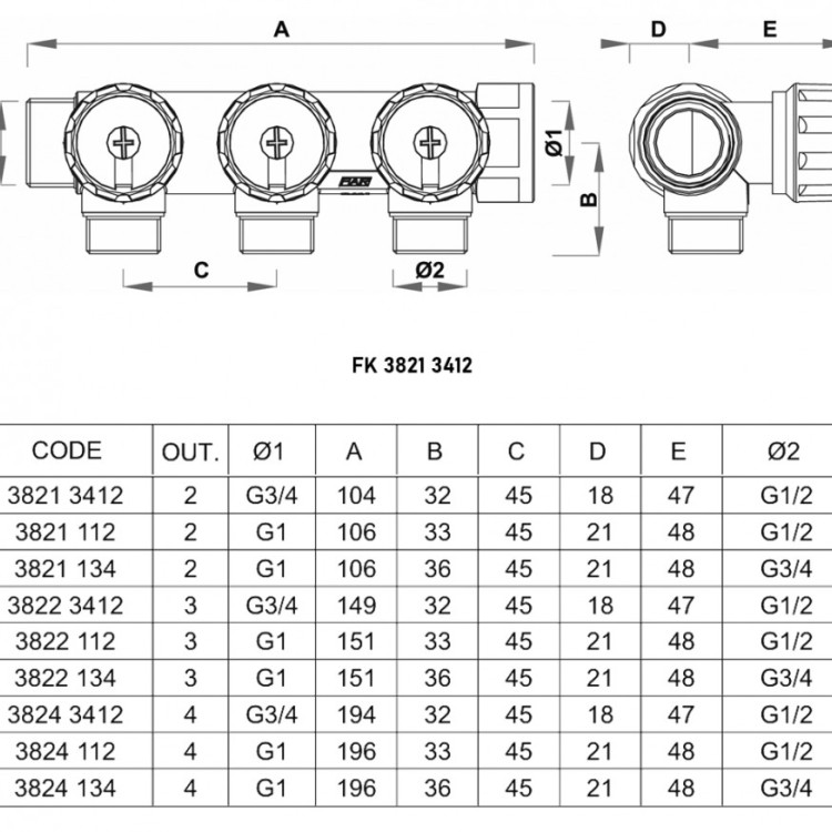 Коллектор распределительный FAR FK 3821 2 отвода ВР-НР 3/4"х1/2" DN 20 PN 16 с регулирующими клапанами 2
