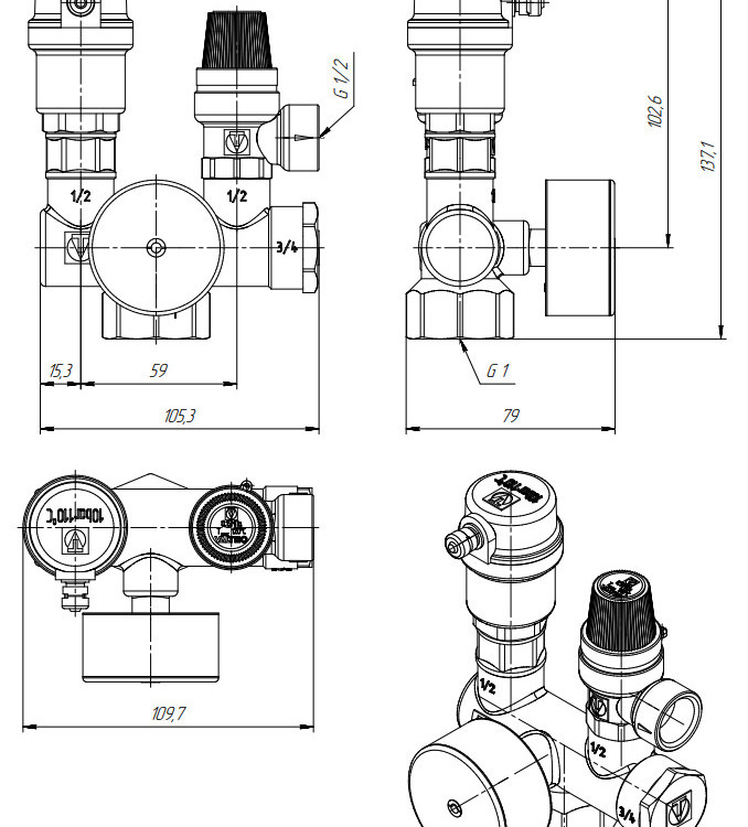 Группа безопасности VALTEC VT.460.0.0 1'' (0…10 бар) DN 25 PN 10 для котла, латунная с никелевым покрытием 2