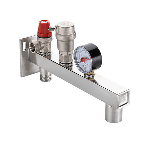 Группа безопасности VALTEC VT.495.SS.3 3/4'' (0…4 бар) DN 20 PN 10 для расширительного бака на консоли из нержавеющей стали, латунная с никелевым покрытием