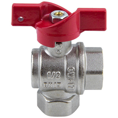 Кран шаровой латунный угловой Aquasfera EURO 1008 DN 15 PN 40 резьба - 1/2'', покрытие - никель, полнопроходной резьбовой ВР-ВР, ручка-бабочка красная 1008-01