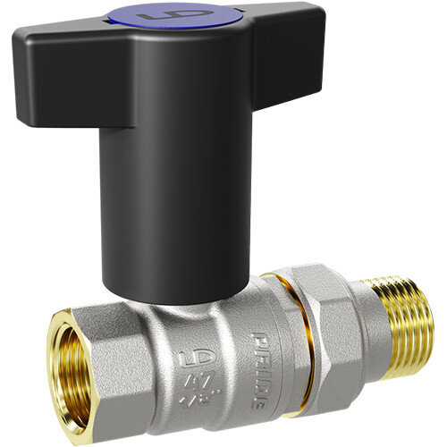 Кран шаровой латунный LD Pride 47.15.В-ГШ.ТР Ду 15 Ру 40 резьба (ВР-НР) 1/2", никелированный с синей пластиковой рукояткой, неполнопроходный