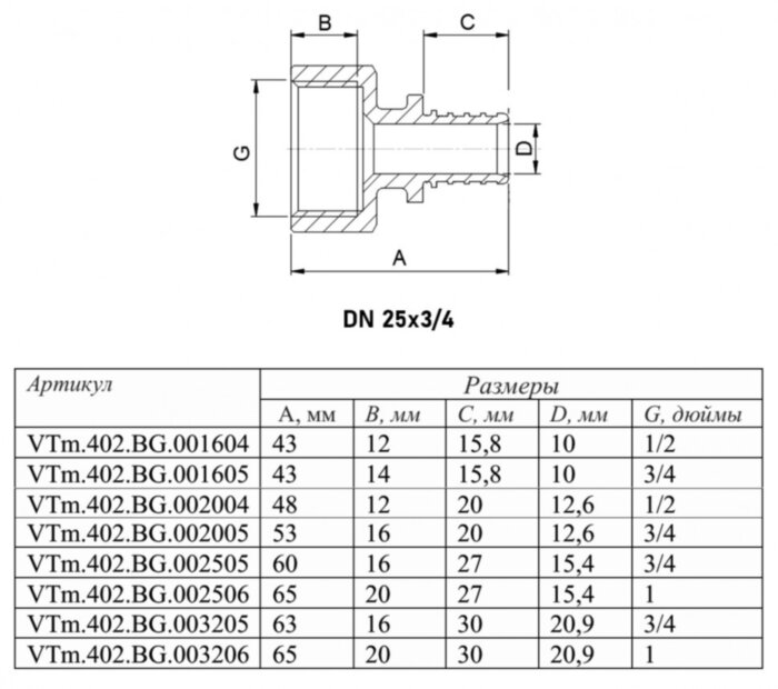 Переходник VALTEC VTm.402.BG ВР 3/4" DN 25x20 PN 16 латунный универсальный