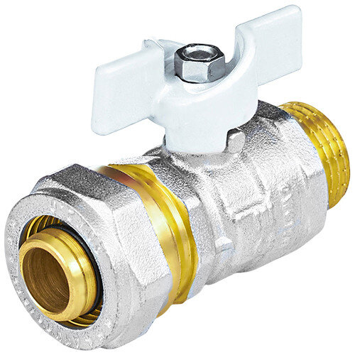 Кран шаровой латунный для МП Aquasfera Standard 1117 DN 20 Dтр 20 PN 16 резьба - 3/4'', покрытие - никель, неполнопроходной резьбовой НР/компрессионный, ручка-бабочка белая 1117-03