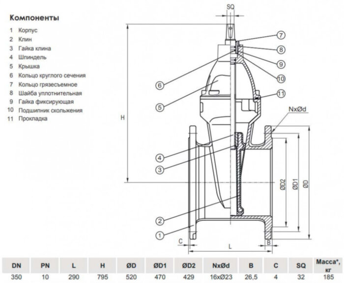 Задвижка VGA D17.04 DN 350 PN 10 L=290 мм фланцевая клиновая чугунная с маховиком с обрезиненным клином