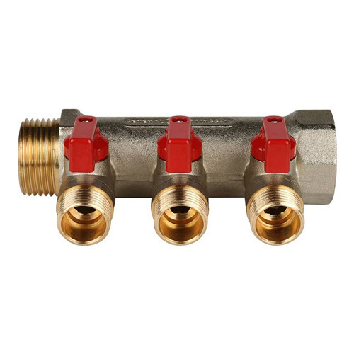 Коллектор распределительный STOUT SMB 6200 3 отвода ВР-НР 1"х1/2" DN 25 PN 10 с шаровыми кранами красная рукоятка 2