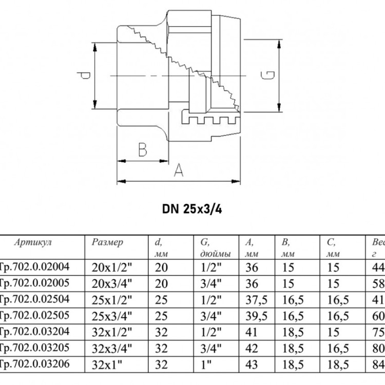 Переходник VALTEC VTp.702 ВР 3/4" DN 25x20 PN 25 полипропиленовый комбинированный 2