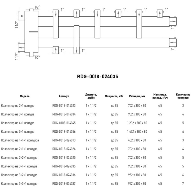 Коллектор распределительный ROMMER RDG-0018-024035 5-ти контурный НР 1"x1 1/2" Ду 40 Ру 4 дублёр компакт с гидравлическим разделителем 3