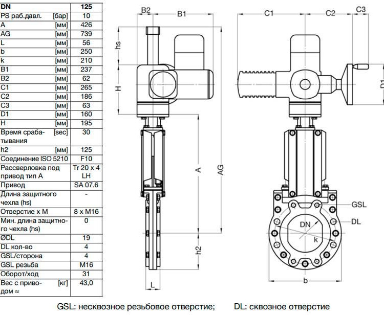 Задвижка шиберная ножевая VAG ZETA DN 125 PN 10 с электроприводом AUMA SA07.6 2