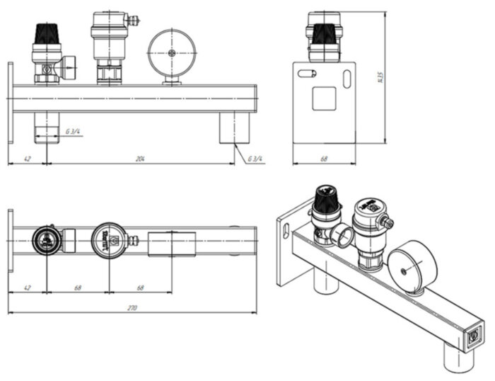 Группа безопасности VALTEC VT.495.0.3 3/4'' (0...4 бар) DN 20 PN 10 для расширительного бака на консоли из Ст.3, латунная с никелевым покрытием
