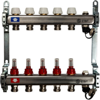 Коллектор STOUT с расходомерами с клапаном вып. воздуха и сливом 5 выходов