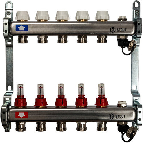 Коллектор STOUT с расходомерами с клапаном вып. воздуха и сливом 5 выходов