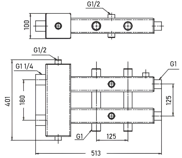 Гидроразделитель VALTEC VTc.100.SN.070603 1''; 1 1/4'' DN 25/32 PN 6 с коллекторами на 3 контура стальной 2