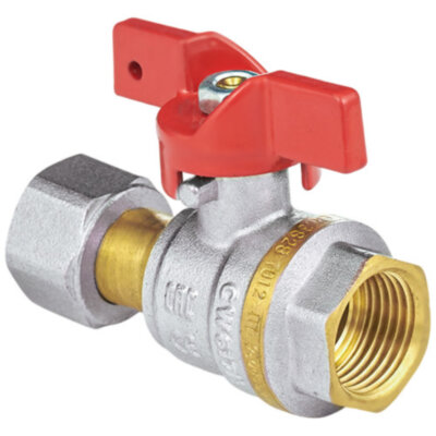 Кран шаровой латунный Aquasfera EURO 1022 DN 15 PN 40 резьба - 1/2'', покрытие - никель, полнопроходной резьбовой ВР-ВР с накидной гайкой, ручка-бабочка красная 1022-01