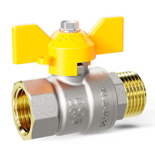 Кран шаровой латунный LD Pride 47.32.В-Н.Б GAS Ду 32 Ру 25 резьба (ВР-НР) 1 1/4", никелированный неполнопроходный