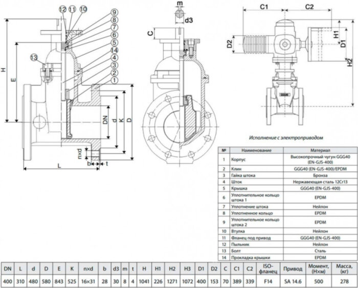 Задвижка ADL ГРАНАР KR15 Ду 400 Ру 16 фланцевая клиновая чугунная с электроприводом AUMA SA 14.6 с обрезиненным клином